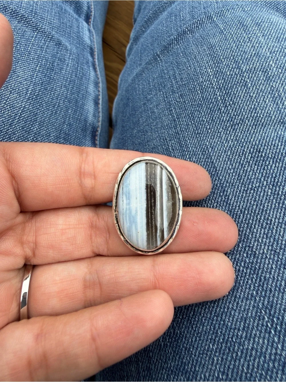 Striped Agate Oval Sterling-Style Ring — Blue and Brown